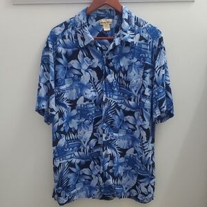 Panama Jack Blue Floral & Car Print Short Sleeve Button-Down Size Large